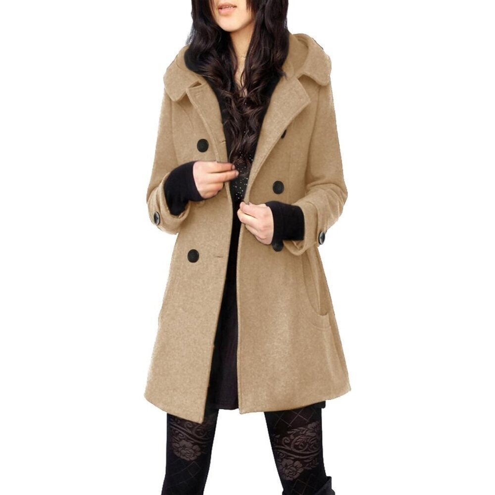 🆕Women's Khaki Warm Double Breasted Wool Pea Coat Trench Coat Jacket with Hood